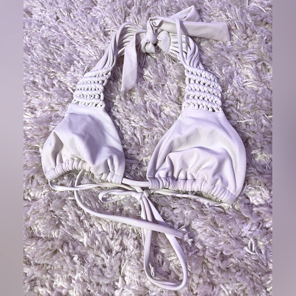 white triangle tie bikini top, knitted straps